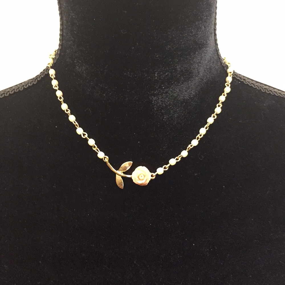 LC Signed Gold Tone Faux Pearl Pink Rose Necklace